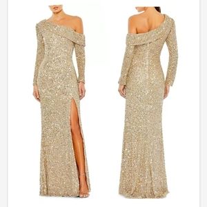 MAC DUGGAL Women's Shimmering Gold Sequined One Shoulder Evening Gown Sz 10 NWT
